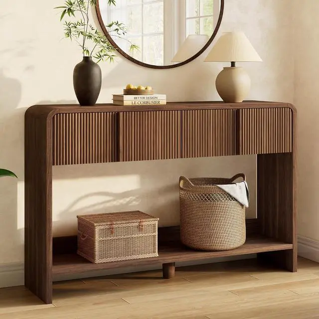 Alt view image 6 of 7 - 45" Modern Console Table with Rounded Edges, Fluted Entryway Table with 2 Drawers and Open Shelf, Wood Sofa Table for Hallway, Behind Couch, Foyer, Living Room, Brown