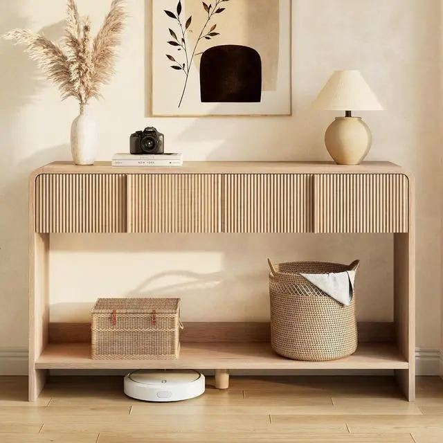 Alt view image 5 of 7 - 55" Fluted Console Table with 2 Drawers and Open Shelf, Modern Entryway Table with Rounded Edges, Wood Sofa Table for Hallway, Foyer, Behind Couch, Living Room, Natural Oak