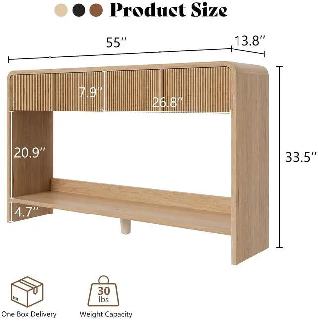 Alt view image 2 of 7 - 55" Fluted Console Table with 2 Drawers and Open Shelf, Modern Entryway Table with Rounded Edges, Wood Sofa Table for Hallway, Foyer, Behind Couch, Living Room, Natural Oak