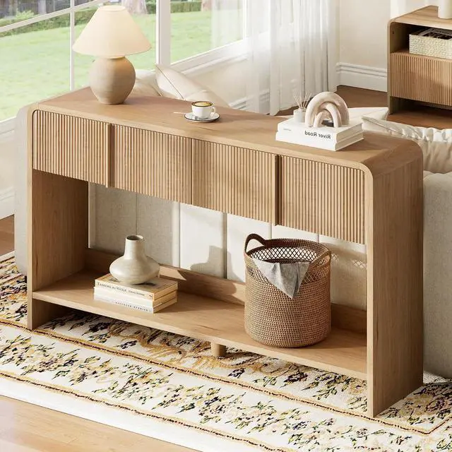 Alt view image 7 of 7 - 55" Fluted Console Table with 2 Drawers and Open Shelf, Modern Entryway Table with Rounded Edges, Wood Sofa Table for Hallway, Foyer, Behind Couch, Living Room, Natural Oak