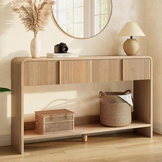 Main image of 55" Fluted Console Table with 2 Drawers and Open Shelf, Modern Entryway Table with Rounded Edges, Wood Sofa Table for Hallway, Foyer, Behind Couch, Living Room, Natural Oak