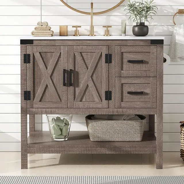 Alt view image 7 of 7 - 36" Farmhouse Bathroom Vanity with Sink Combo, Wood Barn Door Freestanding Small Single Bath Storage Cabinet Set with Sliding Drawers & Open Shelf, Paper Towel Holder, Light Gray