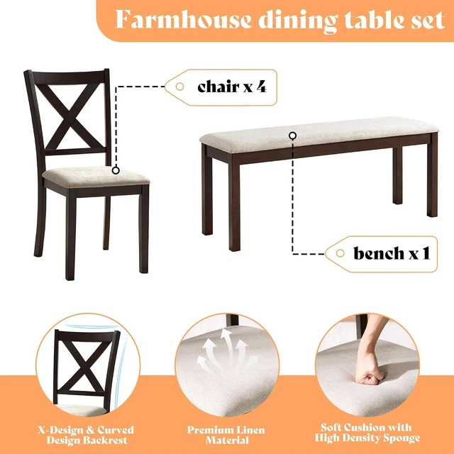 Alt view image 5 of 7 - 6-Piece Farmhouse Dining Table Set for 6-7, 71" Solid Wood Kitchen Table and Chairs, 1 Dining Table, 4 Upholstered Chairs and 1 Bench, Rustic Dining Room Set, Brown