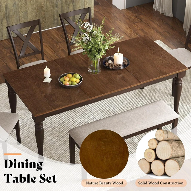 Alt view image 3 of 7 - 6-Piece Farmhouse Dining Table Set for 6-7, 71" Solid Wood Kitchen Table and Chairs, 1 Dining Table, 4 Upholstered Chairs and 1 Bench, Rustic Dining Room Set, Brown