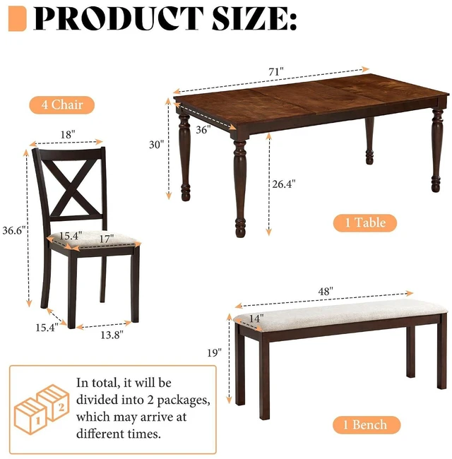 Alt view image 2 of 7 - 6-Piece Farmhouse Dining Table Set for 6-7, 71" Solid Wood Kitchen Table and Chairs, 1 Dining Table, 4 Upholstered Chairs and 1 Bench, Rustic Dining Room Set, Brown