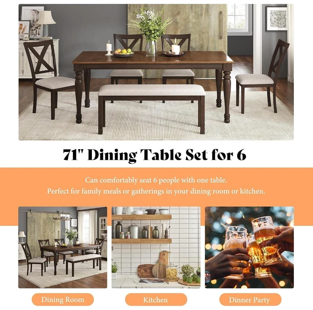 Alt view image 6 of 7 - 6-Piece Farmhouse Dining Table Set for 6-7, 71" Solid Wood Kitchen Table and Chairs, 1 Dining Table, 4 Upholstered Chairs and 1 Bench, Rustic Dining Room Set, Brown