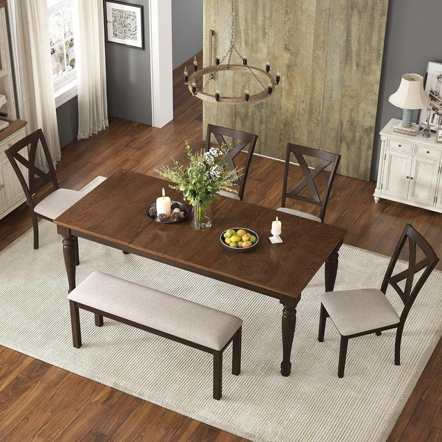 Alt view image 7 of 7 - 6-Piece Farmhouse Dining Table Set for 6-7, 71" Solid Wood Kitchen Table and Chairs, 1 Dining Table, 4 Upholstered Chairs and 1 Bench, Rustic Dining Room Set, Brown