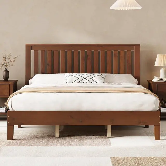 Main image of King Bed Frame, Solid Wood Platform Bed with Vertical Slats Headboard, Wooden Bedframe King-Size, Sturdy Wooden Slats Support, No Box Spring Needed, Noise Free, Walnut
