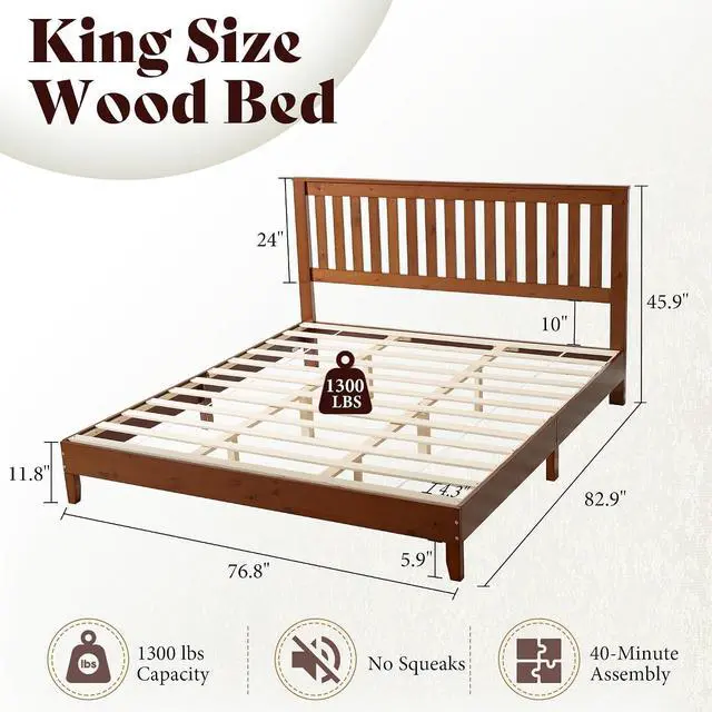 Alt view image 2 of 7 - King Bed Frame, Solid Wood Platform Bed with Vertical Slats Headboard, Wooden Bedframe King-Size, Sturdy Wooden Slats Support, No Box Spring Needed, Noise Free, Walnut