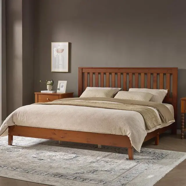 Alt view image 3 of 7 - King Bed Frame, Solid Wood Platform Bed with Vertical Slats Headboard, Wooden Bedframe King-Size, Sturdy Wooden Slats Support, No Box Spring Needed, Noise Free, Walnut