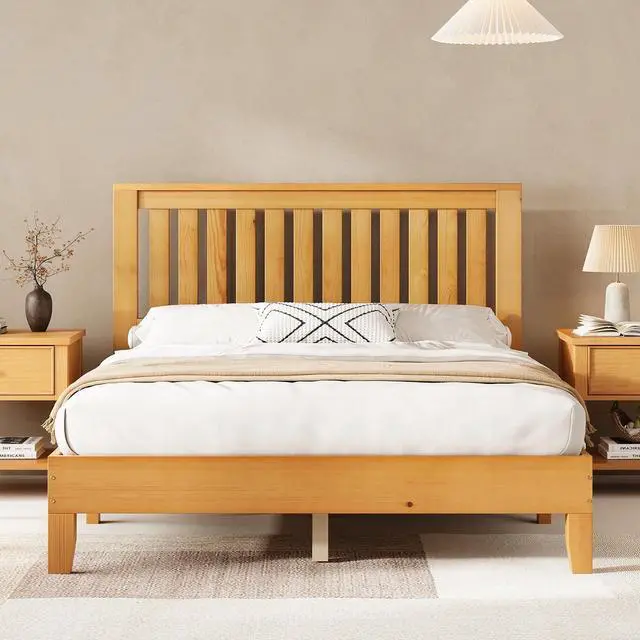 Main image of Queen Size Bed Frame, Solid Wood Platform Bed with Vertical Slats Headboard, Wooden Bedframe Queen, Sturdy Wooden Slats Support, No Noise, Light Wood