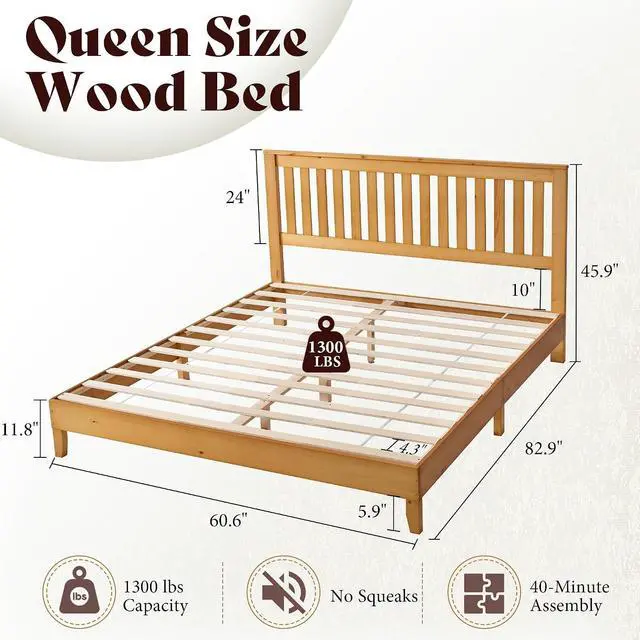 Alt view image 2 of 7 - Queen Size Bed Frame, Solid Wood Platform Bed with Vertical Slats Headboard, Wooden Bedframe Queen, Sturdy Wooden Slats Support, No Noise, Light Wood