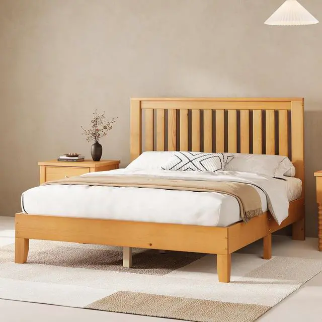 Alt view image 5 of 7 - Queen Size Bed Frame, Solid Wood Platform Bed with Vertical Slats Headboard, Wooden Bedframe Queen, Sturdy Wooden Slats Support, No Noise, Light Wood