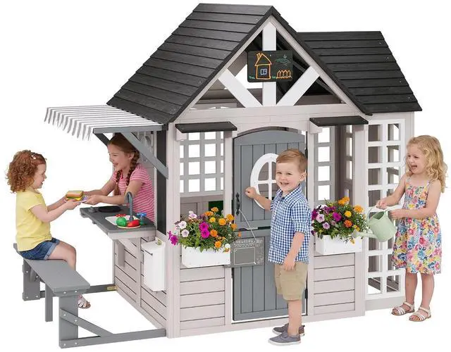 Main image of Kids Outdoor Wooden Playhouse with Kitchen Playset, Backyard Cottage for Kids with Bench, Chalkboard, Pet Door, Wooden Mailbox and Flowerpot, Backyard Play House for Boys and Girls Ages 3-8