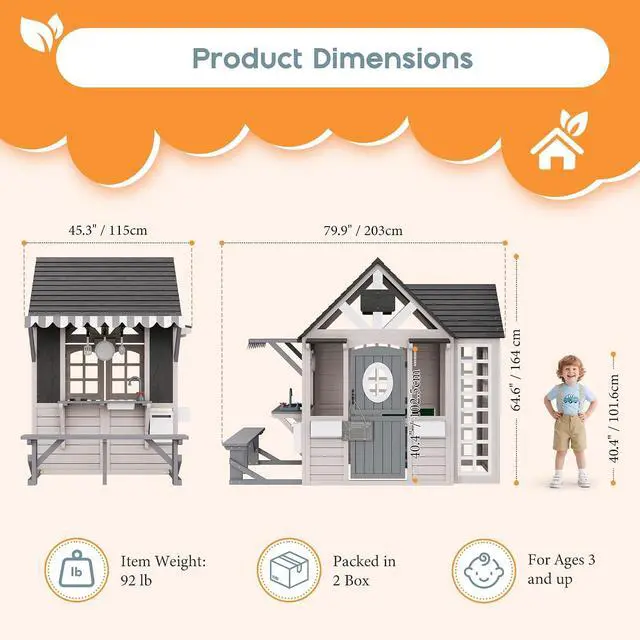 Alt view image 2 of 7 - Kids Outdoor Wooden Playhouse with Kitchen Playset, Backyard Cottage for Kids with Bench, Chalkboard, Pet Door, Wooden Mailbox and Flowerpot, Backyard Play House for Boys and Girls Ages 3-8