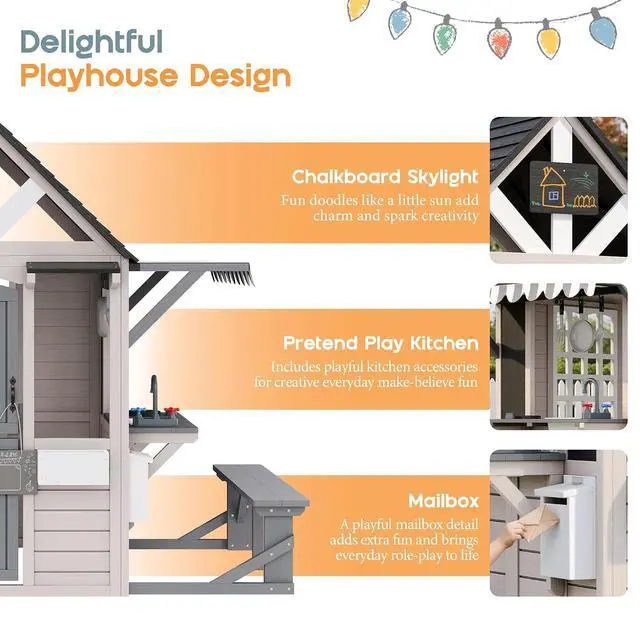 Alt view image 3 of 7 - Kids Outdoor Wooden Playhouse with Kitchen Playset, Backyard Cottage for Kids with Bench, Chalkboard, Pet Door, Wooden Mailbox and Flowerpot, Backyard Play House for Boys and Girls Ages 3-8