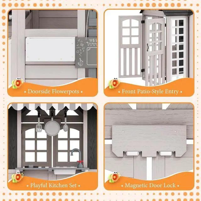 Alt view image 4 of 7 - Kids Outdoor Wooden Playhouse with Kitchen Playset, Backyard Cottage for Kids with Bench, Chalkboard, Pet Door, Wooden Mailbox and Flowerpot, Backyard Play House for Boys and Girls Ages 3-8