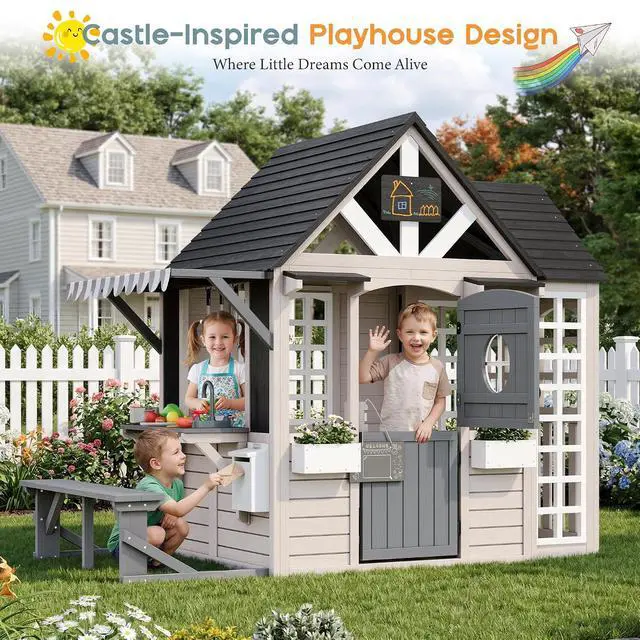 Alt view image 5 of 7 - Kids Outdoor Wooden Playhouse with Kitchen Playset, Backyard Cottage for Kids with Bench, Chalkboard, Pet Door, Wooden Mailbox and Flowerpot, Backyard Play House for Boys and Girls Ages 3-8
