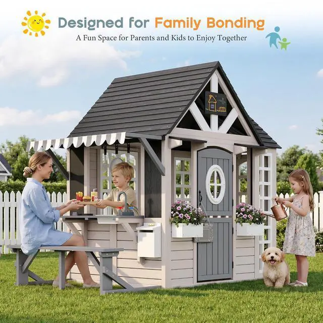 Alt view image 6 of 7 - Kids Outdoor Wooden Playhouse with Kitchen Playset, Backyard Cottage for Kids with Bench, Chalkboard, Pet Door, Wooden Mailbox and Flowerpot, Backyard Play House for Boys and Girls Ages 3-8
