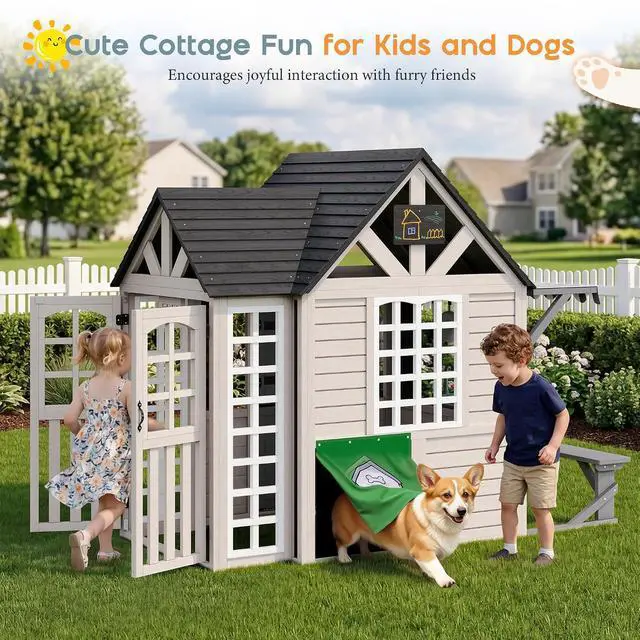 Alt view image 7 of 7 - Kids Outdoor Wooden Playhouse with Kitchen Playset, Backyard Cottage for Kids with Bench, Chalkboard, Pet Door, Wooden Mailbox and Flowerpot, Backyard Play House for Boys and Girls Ages 3-8