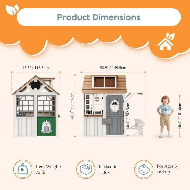 Alt view image 2 of 7 - Outdoor Wooden Playhouse with Kitchen Playset, Backyard Cottage Playhouse for Kids with Bench, Awning, Chalkboard, Pet Door and Dutch Door, Pretend Play House for Boys and Girls Ages 3-8
