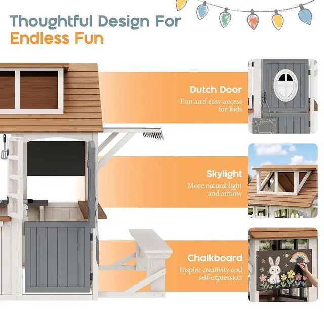 Alt view image 3 of 7 - Outdoor Wooden Playhouse with Kitchen Playset, Backyard Cottage Playhouse for Kids with Bench, Awning, Chalkboard, Pet Door and Dutch Door, Pretend Play House for Boys and Girls Ages 3-8