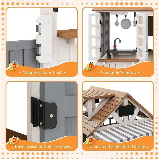 Alt view image 4 of 7 - Outdoor Wooden Playhouse with Kitchen Playset, Backyard Cottage Playhouse for Kids with Bench, Awning, Chalkboard, Pet Door and Dutch Door, Pretend Play House for Boys and Girls Ages 3-8