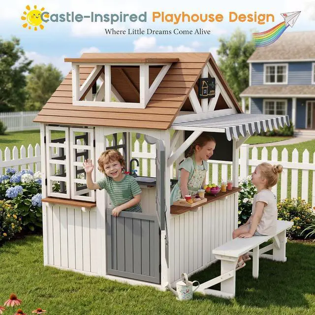 Alt view image 5 of 7 - Outdoor Wooden Playhouse with Kitchen Playset, Backyard Cottage Playhouse for Kids with Bench, Awning, Chalkboard, Pet Door and Dutch Door, Pretend Play House for Boys and Girls Ages 3-8