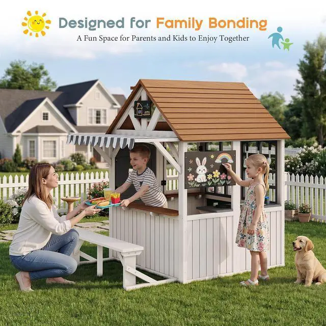 Alt view image 6 of 7 - Outdoor Wooden Playhouse with Kitchen Playset, Backyard Cottage Playhouse for Kids with Bench, Awning, Chalkboard, Pet Door and Dutch Door, Pretend Play House for Boys and Girls Ages 3-8