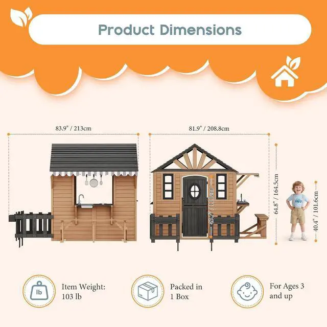 Alt view image 2 of 7 - Outdoor Wooden Playhouse with Kitchen Playset, Upgrade Backyard Cottage for Kids with Fence, Dutch Door, Wooden Flowerpot, Bench & Awning, Pretend Playhouse for Boys & Girls Ages 3-8