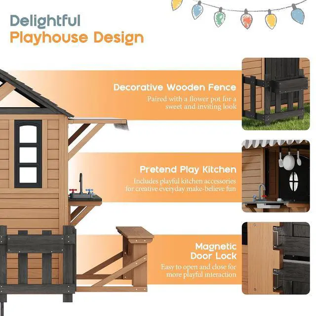 Alt view image 3 of 7 - Outdoor Wooden Playhouse with Kitchen Playset, Upgrade Backyard Cottage for Kids with Fence, Dutch Door, Wooden Flowerpot, Bench & Awning, Pretend Playhouse for Boys & Girls Ages 3-8