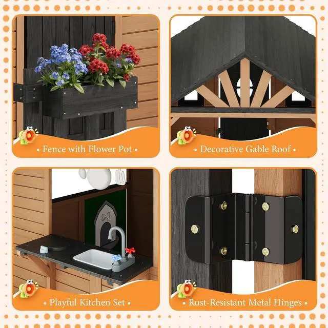 Alt view image 4 of 7 - Outdoor Wooden Playhouse with Kitchen Playset, Upgrade Backyard Cottage for Kids with Fence, Dutch Door, Wooden Flowerpot, Bench & Awning, Pretend Playhouse for Boys & Girls Ages 3-8