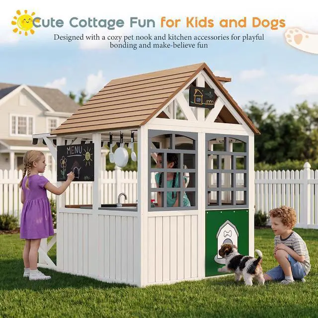 Alt view image 7 of 7 - Outdoor Wooden Playhouse with Kitchen Playset, Backyard Cottage Playhouse for Kids with Bench, Awning, Chalkboard, Pet Door and Dutch Door, Pretend Play House for Boys and Girls Ages 3-8