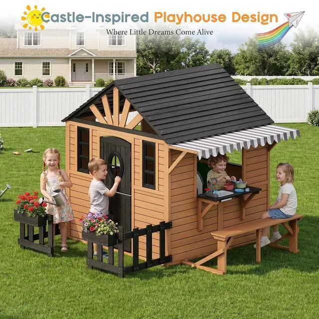 Alt view image 5 of 7 - Outdoor Wooden Playhouse with Kitchen Playset, Upgrade Backyard Cottage for Kids with Fence, Dutch Door, Wooden Flowerpot, Bench & Awning, Pretend Playhouse for Boys & Girls Ages 3-8