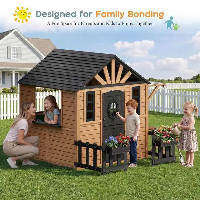 Alt view image 6 of 7 - Outdoor Wooden Playhouse with Kitchen Playset, Upgrade Backyard Cottage for Kids with Fence, Dutch Door, Wooden Flowerpot, Bench & Awning, Pretend Playhouse for Boys & Girls Ages 3-8