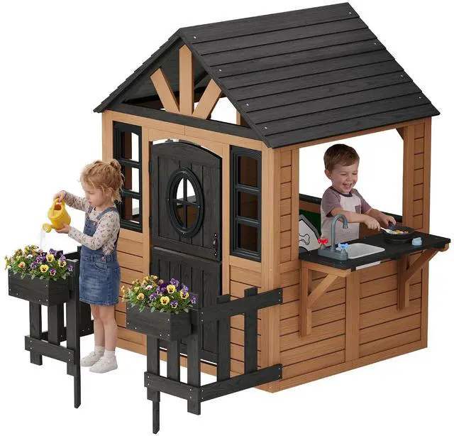 Main image of Outdoor Wooden Playhouse with Kitchen Playset, Backyard Cottage for Kids with Fence, Dutch Door and Wooden Flowerpot, Pretend Play House for Boys and Girls Ages 3-8