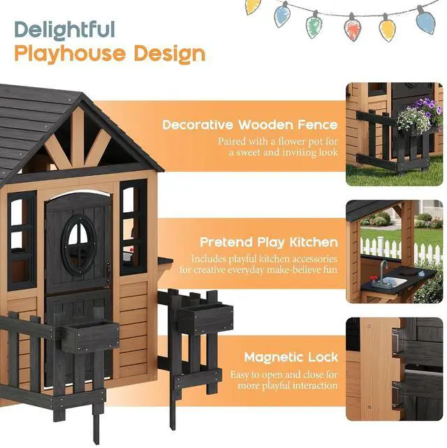 Alt view image 3 of 7 - Outdoor Wooden Playhouse with Kitchen Playset, Backyard Cottage for Kids with Fence, Dutch Door and Wooden Flowerpot, Pretend Play House for Boys and Girls Ages 3-8