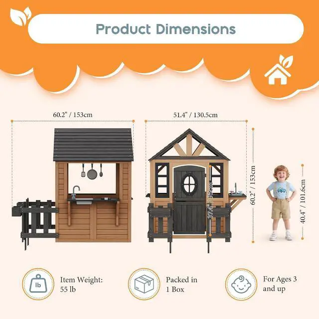 Alt view image 2 of 7 - Outdoor Wooden Playhouse with Kitchen Playset, Backyard Cottage for Kids with Fence, Dutch Door and Wooden Flowerpot, Pretend Play House for Boys and Girls Ages 3-8