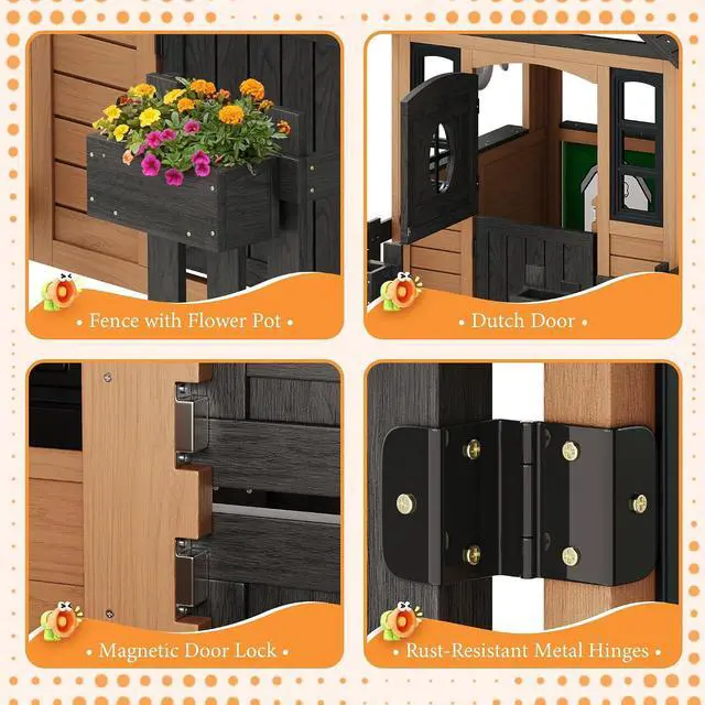 Alt view image 4 of 7 - Outdoor Wooden Playhouse with Kitchen Playset, Backyard Cottage for Kids with Fence, Dutch Door and Wooden Flowerpot, Pretend Play House for Boys and Girls Ages 3-8
