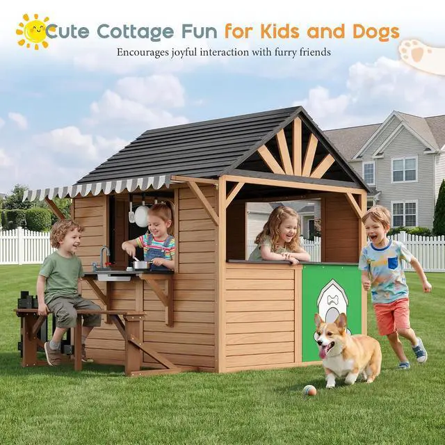 Alt view image 7 of 7 - Outdoor Wooden Playhouse with Kitchen Playset, Upgrade Backyard Cottage for Kids with Fence, Dutch Door, Wooden Flowerpot, Bench & Awning, Pretend Playhouse for Boys & Girls Ages 3-8