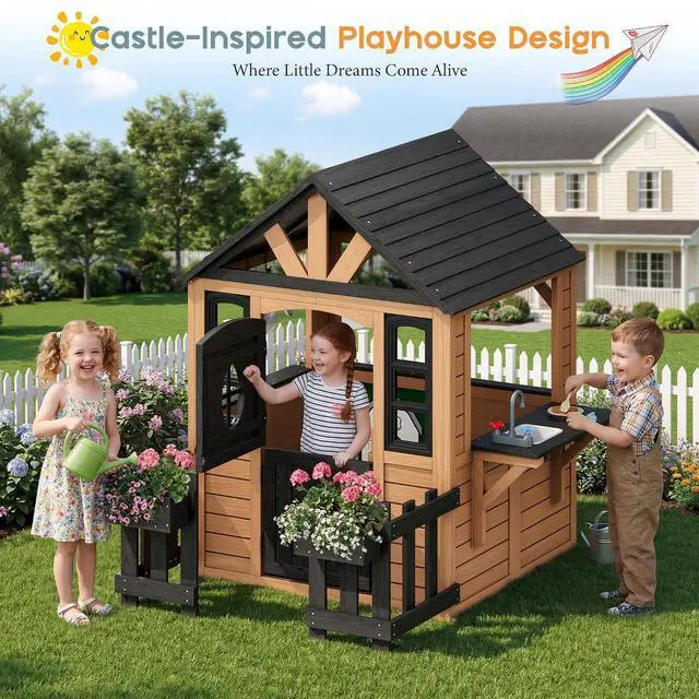 Alt view image 5 of 7 - Outdoor Wooden Playhouse with Kitchen Playset, Backyard Cottage for Kids with Fence, Dutch Door and Wooden Flowerpot, Pretend Play House for Boys and Girls Ages 3-8