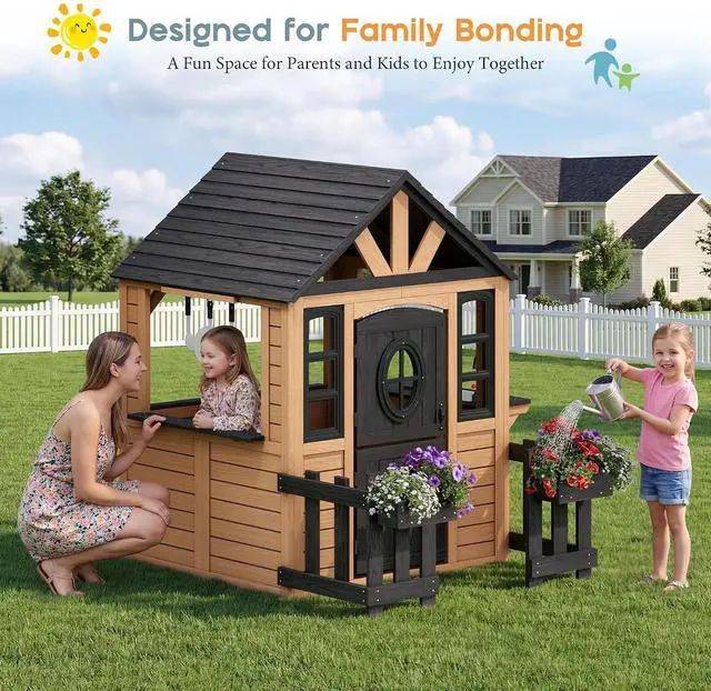 Alt view image 6 of 7 - Outdoor Wooden Playhouse with Kitchen Playset, Backyard Cottage for Kids with Fence, Dutch Door and Wooden Flowerpot, Pretend Play House for Boys and Girls Ages 3-8