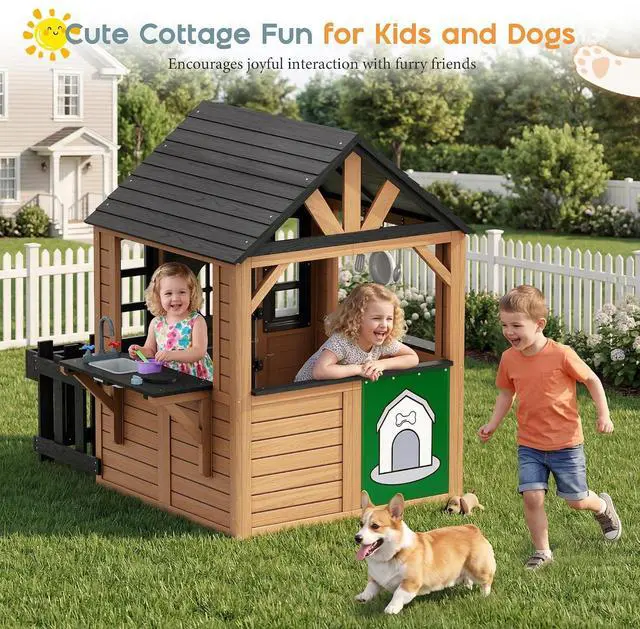 Alt view image 7 of 7 - Outdoor Wooden Playhouse with Kitchen Playset, Backyard Cottage for Kids with Fence, Dutch Door and Wooden Flowerpot, Pretend Play House for Boys and Girls Ages 3-8