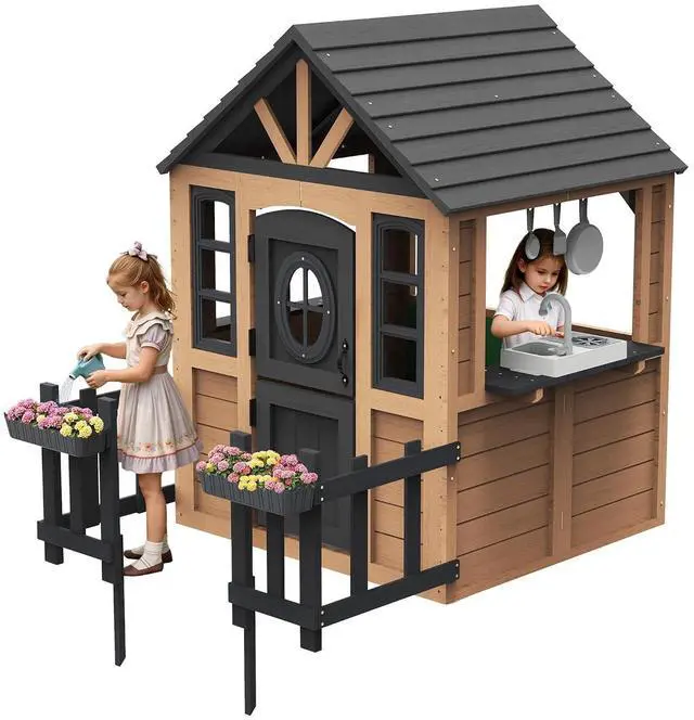 Main image of Kids Outdoor Wooden Playhouse with Kitchen Set, Durable Wood Construction with Waterproof Roof & Rust-Resistant Hinges, Pretend Playhouse for 3-8 Years Old Boys & Girls