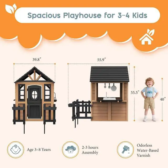 Alt view image 2 of 7 - Kids Outdoor Wooden Playhouse with Kitchen Set, Durable Wood Construction with Waterproof Roof & Rust-Resistant Hinges, Pretend Playhouse for 3-8 Years Old Boys & Girls