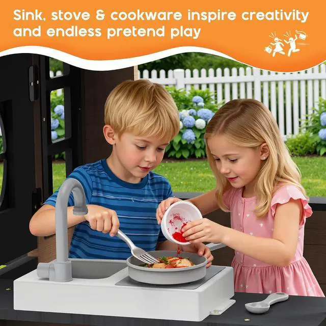 Alt view image 3 of 7 - Kids Outdoor Wooden Playhouse with Kitchen Set, Durable Wood Construction with Waterproof Roof & Rust-Resistant Hinges, Pretend Playhouse for 3-8 Years Old Boys & Girls