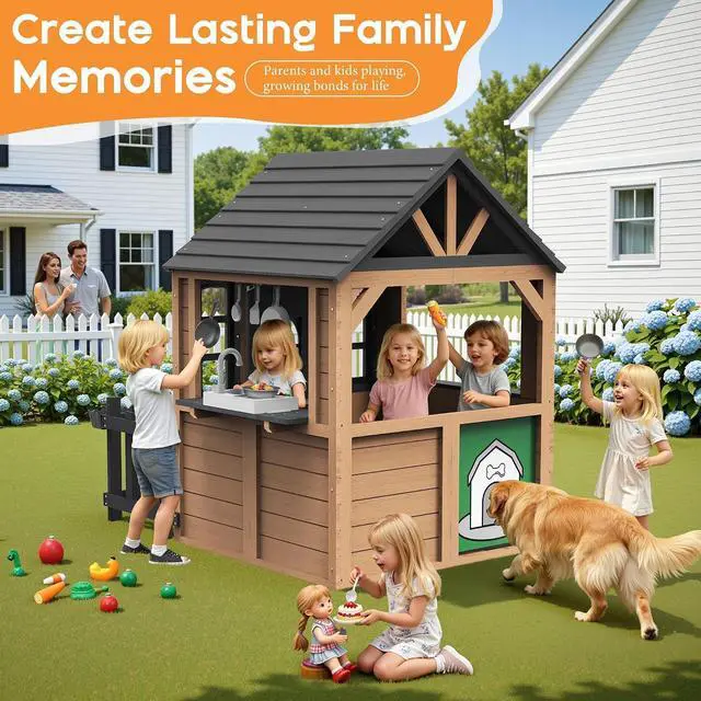 Alt view image 6 of 7 - Kids Outdoor Wooden Playhouse with Kitchen Set, Durable Wood Construction with Waterproof Roof & Rust-Resistant Hinges, Pretend Playhouse for 3-8 Years Old Boys & Girls