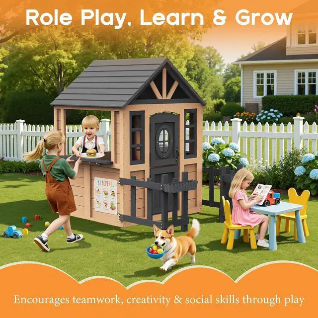Alt view image 5 of 7 - Kids Outdoor Wooden Playhouse with Kitchen Set, Durable Wood Construction with Waterproof Roof & Rust-Resistant Hinges, Pretend Playhouse for 3-8 Years Old Boys & Girls