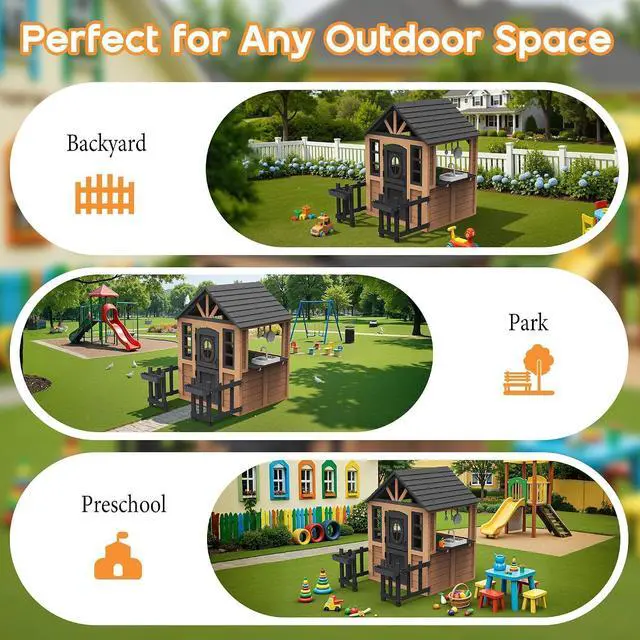Alt view image 7 of 7 - Kids Outdoor Wooden Playhouse with Kitchen Set, Durable Wood Construction with Waterproof Roof & Rust-Resistant Hinges, Pretend Playhouse for 3-8 Years Old Boys & Girls