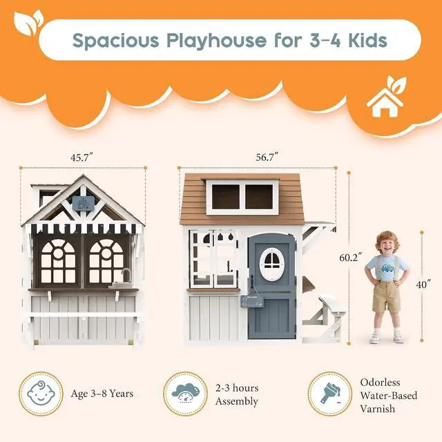 Alt view image 3 of 7 - Kids Outdoor Wooden Playhouse with Kitchen Set, Chalkboard, Durable Fir Wood Construction with Waterproof Roof & Rust-Resistant Hinges, Pretend Playhouse for 38 Years Old Boys & Girls